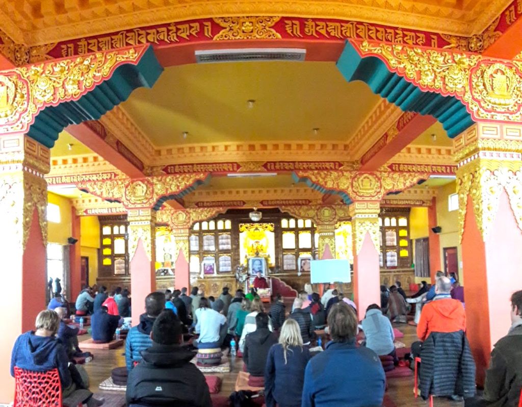 Participants sitting in the gompa (meditation hall) during one of the sessions. 